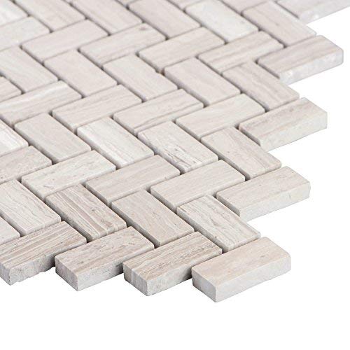 MAYKKE Sadie 10-Pack Small Chevron Mosaic Wall and Floor Tile 12" x 12" Herringbone Pattern Kitchen, Bathroom, Laundry Room Backsplash & Flooring Fade Resistant Wooden White Marble, YOA1050202