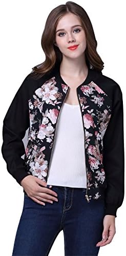 Jescrich Women's Round Neck Floral Embroidered Reversible Baseball Bomber Jacket(M)