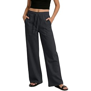 keriffe Womens Casual Linen Pants Drawstring Wide Leg Summer Beach Trousers | 2 Pockets,Elastic High Waist,Vacation Outfits,L