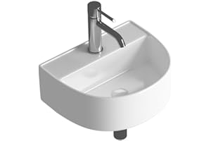 Albriya 12-Inch U-Shaped Wall Mount Bathroom Sink with Pop Up Drain and Installation Kit,White Corner Bathroom Sink,Small Bathroom Sink,Bowl Sinks for Bathrooms(Sink with Faucet & Drain)