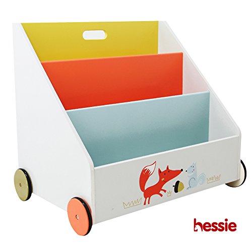 Hessie Little Toddler Kids Portable Wooden Bookcase/Bookshelf on Wheels, Book Storage/Shelf