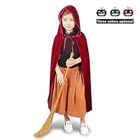 Tawcal Hooded Velvet Cloak, Kids Medieval Maxi Cape Coat with Hood Unisex Cosplay Party Cloak for Devil Witch Wizard Magician Rave Halloween Costume Christmas Fancy Dress up(Wine red,70cm)