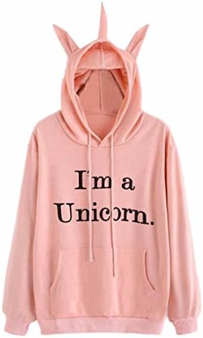 Womens Hoodie, Quistal Ladies Unicorn Hat Long Sleeve Sweatshirt Letter Printing Hooded Pullover Tops Fashion Loose Cute Sweater Hoody Oversized Hoodie Gap Brown Hoodie Ladies Gym Tops