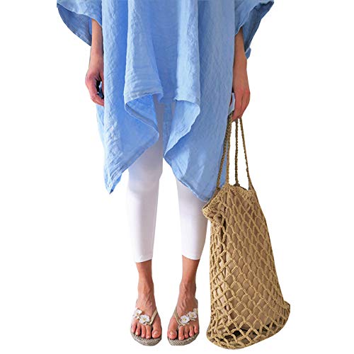 Women\'s Linen Blouse Tunic Tops - Fashion Summer Loose Fit T Shirt Blue Small