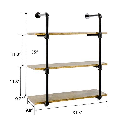 YU YUSING 3 Tier Industrial Pipe Shelf with wood & Metal, Rustic Hanging Wall Shelves for Bedrooms, Bathroom Shelving, Kitchens Coffee Shops or Bar Storage