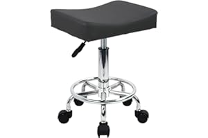 WKWKER Square Rolling Stool with Footrest PU Leather Height Adjustable 360° Swivel Stool with Wheels Massage SPA Salon Stools Task Chair Desk Drafting Bedroom Vanity Stool (Grey)