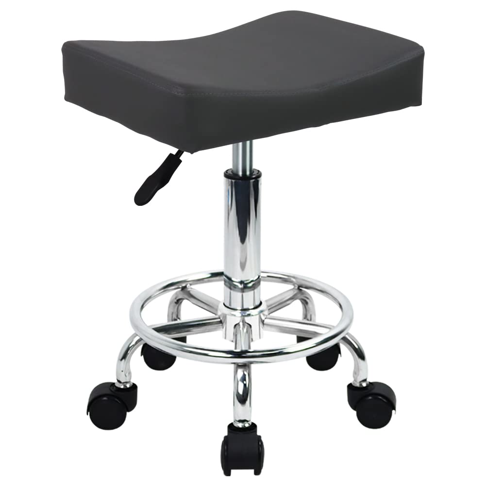 Photo 1 of WKWKER Square Rolling Stool with Footrest PU Leather Height Adjustable 360° Swivel Stool with Wheels Massage SPA Salon Stools Task Chair Desk Drafting Bedroom Vanity Stool (Grey)