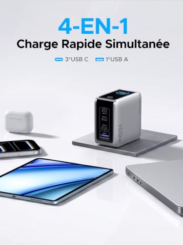 UGREEN Nexode Pro 100W Chargeur Rapide USB C 4 Ports avec Écran Intelligent GaN Compatible avec iPhone 17 Pro Max Air 16 15 14 13 Galaxy S26 S25 S24 Pixel 10 9 iPad MacBook Neo Air Pro M5 M4 M3 M2 M1