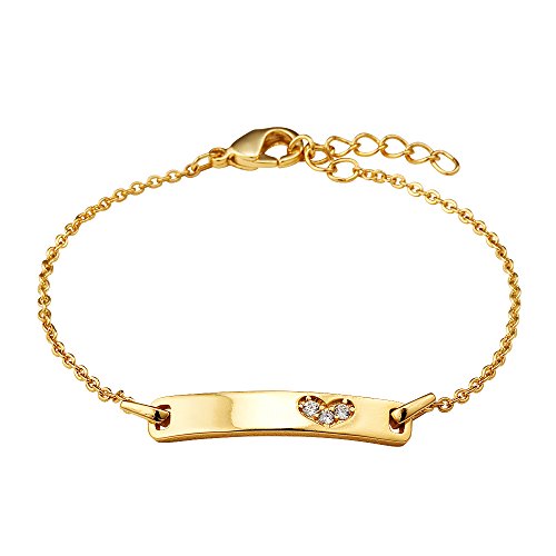 Lovearing 14k Gold Plated Brass Baby ID Cubic Zirconia Heart Rolo Link Chain Girls 6" Adjustable Tag Bracelet