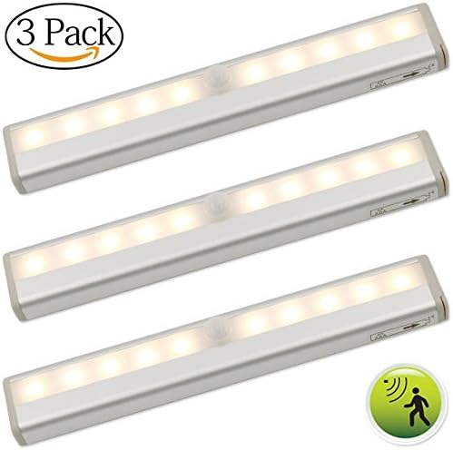Lhomeled Motion Sensor Light,Portable Magnetic Security Closet Light,10 LED Bulbs Battery Operated Wireless Motion Nightlight,Stick on Anywhere Night Light Bar for Hallway Stairway Wardrobe,3 Pack.