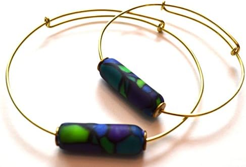 Double Barrel Polymer Bead © &amp; brass wire expandable bangle bracelet, green to purple stained glass polymer clay finish, bullet bead bracelet