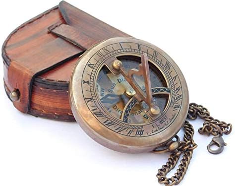 Calvin Brass Sundial Compass with Leather Case and Chain - Push Open Compass - Steampunk Accessory | Antiquated Finish| Beautiful Handmade Gift |Sundial Clock |