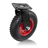 Houseables Caster Wheel, Industrial Casters, 8 Inch, 1 Wheel, Red Rim, Rubber, Cast Iron, Large, Heavy Duty Tires, Outdoor, Swivel, Flat Free for Carts, Dolly, Workbench, Trolley