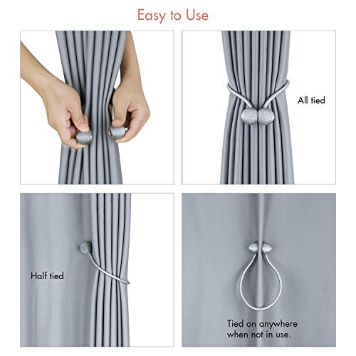 SPLF Magnetic Curtain Tiebacks with Unique Wooden Balls, 2 Pack Decorative Drapery Holdbacks Rope Holder for Home Kitchen Office Window Sheer Blackout Drapes, Silver-Gray
