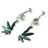 316L Surgical Steel 14 Guage Green Gem Pot Marijuana Leaf Green Weed Best Buds Pair Dangle Navel Ring Belly Button Bar