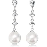 XROSIA 10mm White Pearl Drop Earrings for Women Bridal Wedding Jewelry - 14K Silver Plated Cubic Zirconia Studs, Hypoallergenic Bridesmaid Gifts