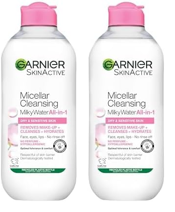 Garnier Micellar Cleansing Water For Dry Skin 400 ml, Milky Face Cleanser and Makeup Remover, Fragrance Free, Recognised By The British Skin Foundation, Use With Reusable Micellar Eco Pads (Pack of 2)