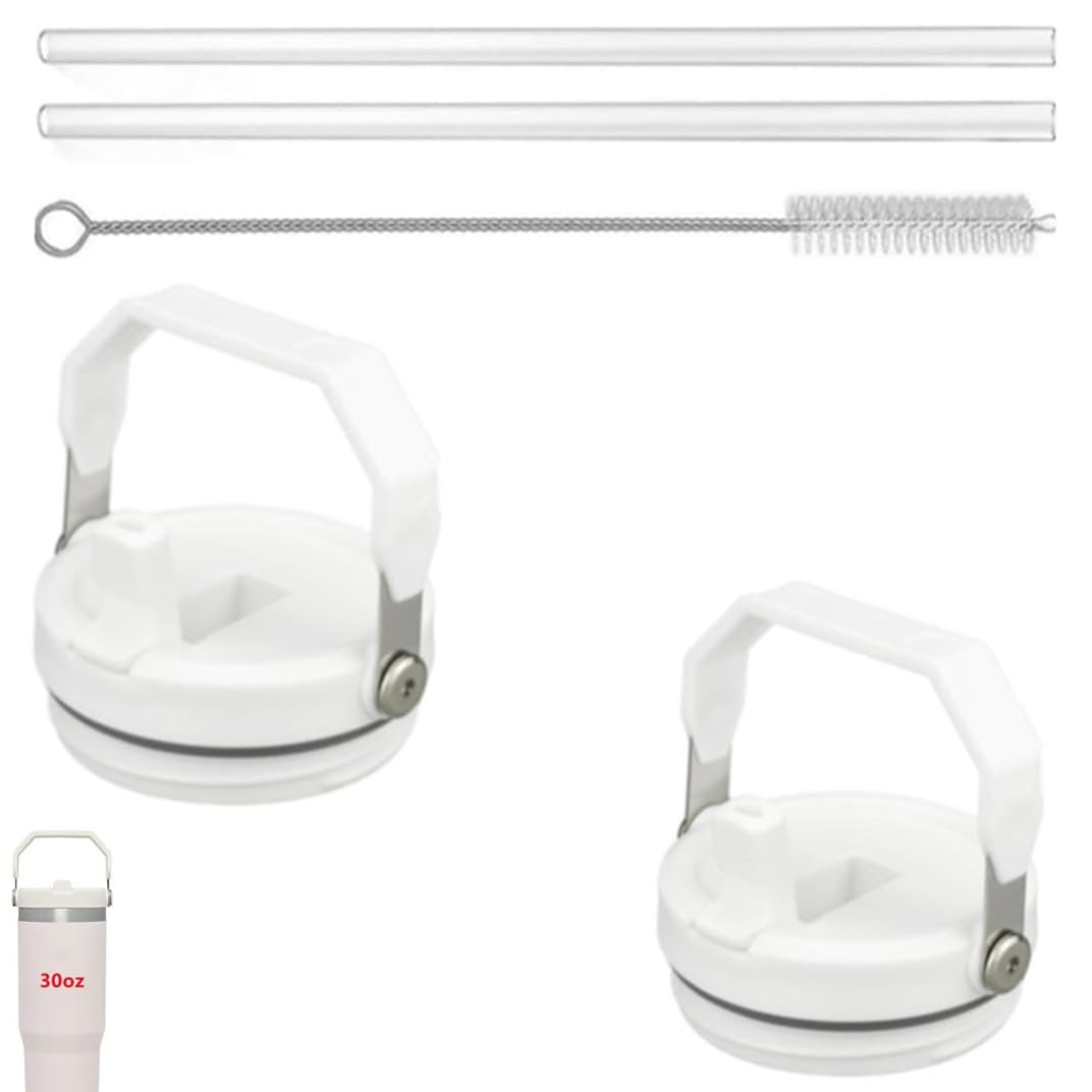 Photo 1 of 1 Pack Replacement Tumbler Lid Fit for Stanley IceFlow 30 oz(Only) Flip Straw Lid, with 1Pc Reusable Straws,1Pcs Cleaning Brush (White)