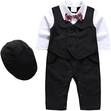 1Pcs Baby Boy Long Sleeves Jumpsuit Tuxedo Clothing Set with Berets Cap and Bowtie