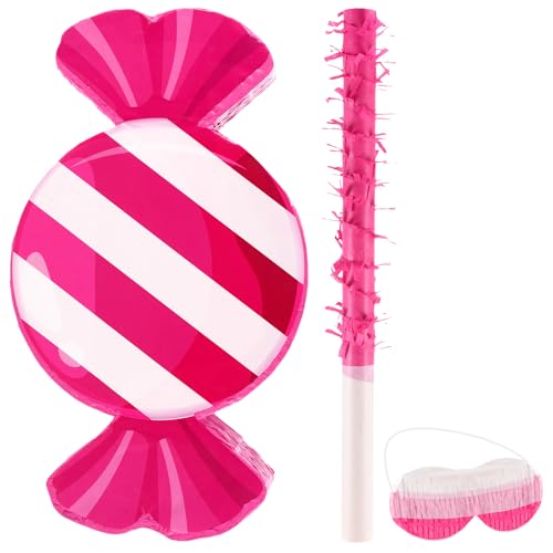 Aoriher Candy Party Pink Decoration Piñata with Stick Blindfold Sweet Lollipop Birthday Piñata for Peppermint Theme Birthday Party Supplies Decoration(Peppermint)