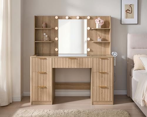 Jocisland 47.2" Fluted Vanity Desk with Mirror and Adjustable LED Lights, Large 7 Drawers Makeup Table with Glass Top and Charging Station for Women and Girls, Bedroom or Dorm, Natural Oak