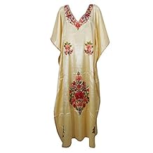 Mogul Interior Womens Caftan Maxi Dress Beige Silk Embroidered Kaftan One Size