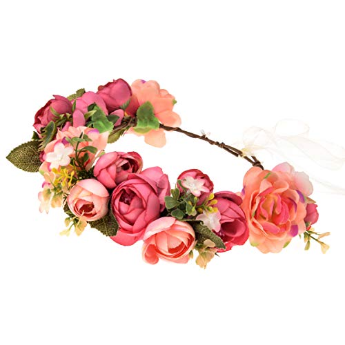 June Bloomy Women Rose Floral Crown Hair Wreath Leave Flower Headband with Adjustable Ribbon (1# Pink Coral)