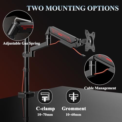 ETHU PC Gas Spring Monitor Stand With Extention Arm for 13-32 Inch Screens VESA 75x75/100x100mm 2-Way Assembling Clamp/Grommet Up to 9kg Capacity Ergonomic Multi-Angle Adjustment Single Arm Black