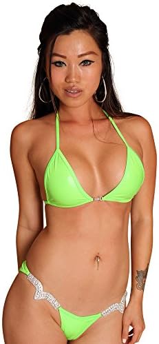Lime Green Wet Look Bikini With Rhinestone-Women Bikini