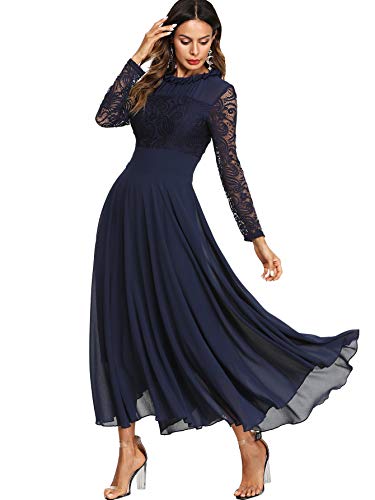 DIDK-Damen-Maxikleider-Langarm-Spitzen-Plissee-Brautjungfernkleid-Kleider-A-Linie-Kleid-Stehkragen-Ballonkleid-Hoher-Taille