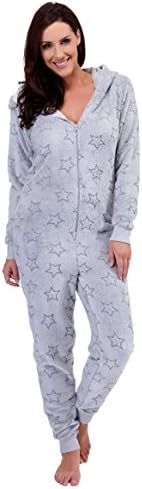 Primo Nightwear Women's Star Embossed Fleece Hooded Onesie Jumpsuit Large (UK 16-18) Grey