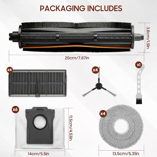 Pack of 20 Accessories for Dreame L10s Pro Ultra Heat/L10s Ultra Gen 2/X30 Ultra/Mova E30 Ultra, 1 TriCut Main Brush 6 Dust Bags 4 Filter 4 Mop 4 Side Brush