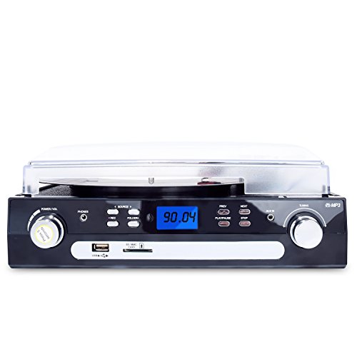DIGITNOW-VinylLP-Turntable-Record-Player-with-BluetoothAMFM-Radio-Cassette-Tape-Aux-in-USBSD-Encoding-Playing-MP3-Built-In-Stereo-Speakers-35mm-Headphone-jack-Remote-and-LCD