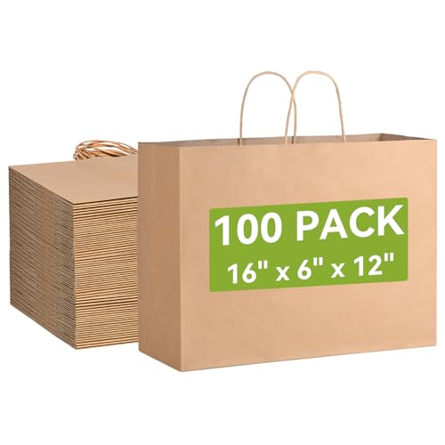 Brothersbox Large Brown Paper Bags with Handles 100PCS, 16 * 6 * 12 Inch Kraft Gift Bags Bulk for Craft Shopping Business Party Favor Retail Birthday Grocery