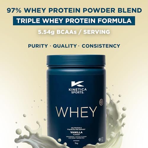 Kinetica Sports Whey Protein Powder - Vanilla, 1Kg, 33 Servings | 23g Protein, 5.5g BCAA Amino Acid & 4.32g Glutamine | Recovery Shake for Optimum Nutrition | WADA & Informed Sport Approved