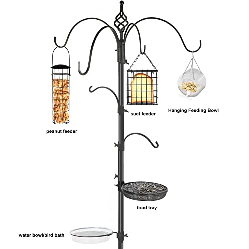 Bird Feeding Station Kit, 6-Hook Bird Feeder Stand, Bird Feeder Pole with 3 Bird Feeders and Mesh Tray and Bath Tray, Upgraded 5-Prong Base Bird Feeders for Outdoors Hanging, 89\