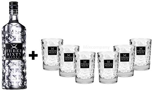 Three Sixty Set Geschenkset ? Three Sixty Vodka Wodka 0,7L 700ml (37,5% Vol) + 6x Tumbler 0,2l 200ml Facettenschliff…