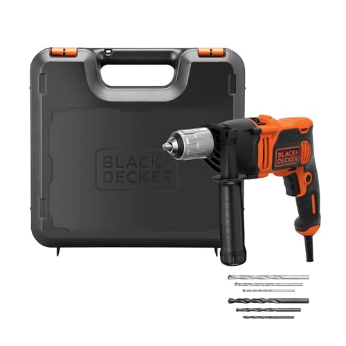 Taladro percutor de 1 marcha 850W, velocidad variable, bloqueo del eje, compacto y ligero, incluye 6 brocas y caja de herramientas, BEH850K-QS