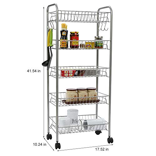 HOME BI 5-Tire Metal Rolling Cart, Lockable Utility Trolley for Kitchen and Bathroom, Silver