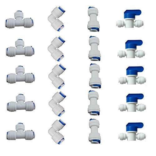 1/4" OD Quick Connect Push in to Connect for RO Water Reverse Osmosis System Water Tube Fitting Set of 20 (Ball Valve+T+I+L Type Combo)