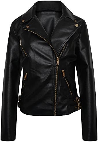 New Womens Leather Look PU Jacket with Gold Style Trims 6-24