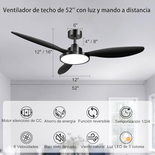 Ohniyou Ventilador de Techo de 52 Pulgadas con Luz y Mando a Distancia, Ventilador de Techo de Exterior Negro para Patios, Ventiladores de Techo Modernos para Sala de Estar Dormitorio