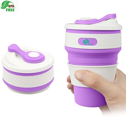 Zeyaa Collapsible Travel Cup -BPA FREE Food-grade 12oz Lightweight Silicone Pocket-sized Mug with Lid for Travel,Camping and Hiking (Purple)