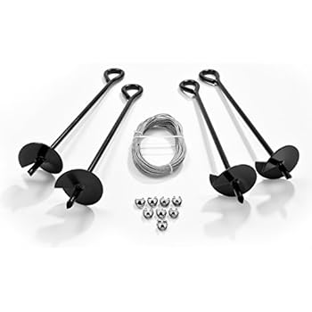 Ashman Ground Anchor with 50 Feet of Galvanized Wire with Clamps - Ideal for Securing Animals, Tents, Canopies, Sheds, Car Ports, Swing Sets; Powder-Coated Solid Steel Auger - Pack of 4