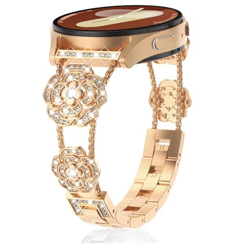 WINGLE Bling Band for Samsung Galaxy Watch 7 6 5 4 FE Band 40mm 44mm Women Watch 5 Pro 45mm, Camellia Rose Flower 20mm Metal Bands for Active 2/Watch 6/4 Classic 43mm 47mm 42mm 46mm/3 41mm Black