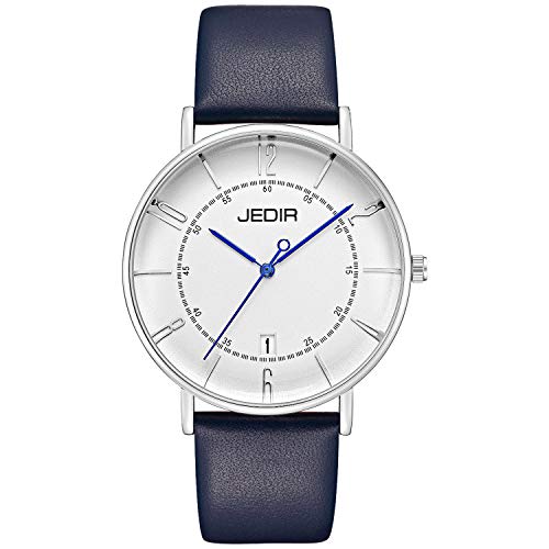 JEDIR Unisex Couple Watch Fashion Minimalist Wrist Watch Analog with Date and Leather Band 3ATM Water Resistant (Men Blue)