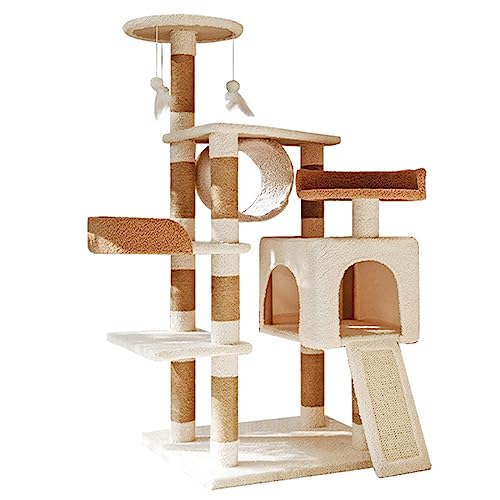 Cat Tree 120cm with Scratching Post Board Cat Tunnels and Cat House Condo, Cat Tree Tower for Indoor Big Cats and Kittens with Padded Plush Perch and Cat Tease Toys Beige