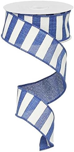 Royal Blue White Striped Fabric Burlap Wired Ribbon (1.5 Inches x 10 Yards) : RX9148WR
