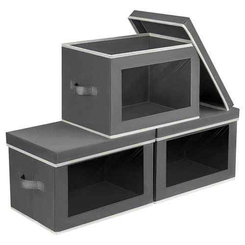Homsorout Fabric Storage Boxes with Lids - 3 Pack Wardrobe Storage Organiser Bins with Transparent Window, Foldable Cube Storage Baskets for Toy, Clothes, Shoe, Books, Dark Grey
