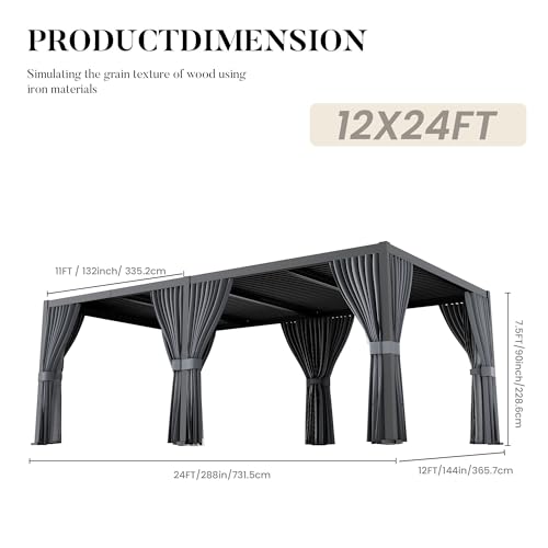 HOMPUS Louvered Pergola 12' x 24' Outdoor Aluminum Pergola with 4 Adjustable Rainproof Roof, Modern Louvre Shade for patios, Decks, Gardens and Backyards, Curtains and Netting Included, Black image 15